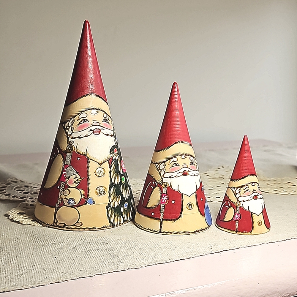 Wood-burned, Hand-painted Cone Nesting Santa's